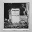 'Entropy IIC' an etching in black ink of an abandoned petrol pump rendered in photo-etching, aquatint and dry point