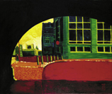 'Ghent Post Office' looking through a archway at the post office beside a canal