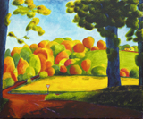 'Into Light' coming from a road overhung by trees into a sunlit landscape