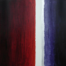 an abstract painting - down the middle is a white band with a silver foil, slightly ragged band to its right, on the left is an area of deep reds with many layers of paint giving a wavy and mottled effect, on the right is a similar, but darker, area of blue.
