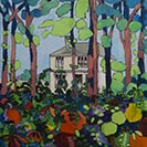 This painting show the view of a house looking through trees on Loughshore, Belfast