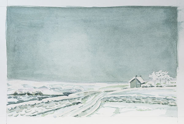 version three of same landscape: snow lying on fields and bushes