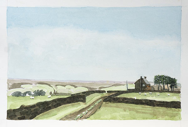 version five of same landscape: late summer, grass and sheep
